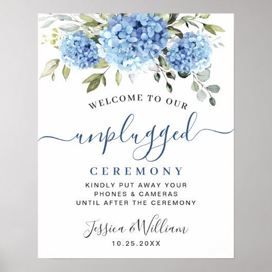 Elegant Blue Hydrangea Unplugged Wedding Zeremony Poster (Vorne)