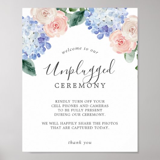 Elegant Blue Hydrangea Unplugged Zeremony Sign Poster (Vorne)