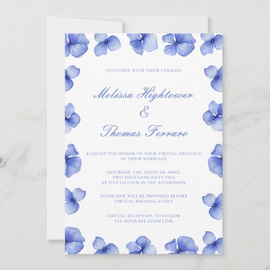 Elegant Blue Hydrangea Virtual Wedding Einladung (Vorderseite)