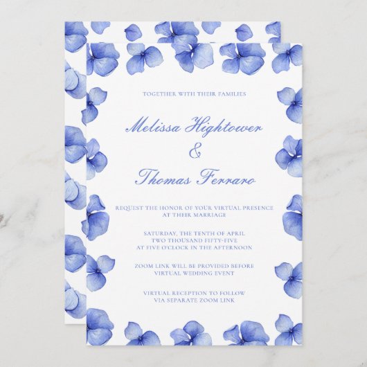 Elegant Blue Hydrangea Virtual Wedding Einladung (Vorne/Hinten)