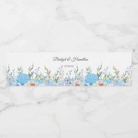 Elegant Blue Hydrangea Wasserflaschenetikett (Einzelnes Label)