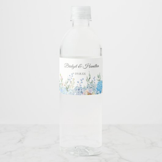 Elegant Blue Hydrangea Wasserflaschenetikett (Vorderseite)