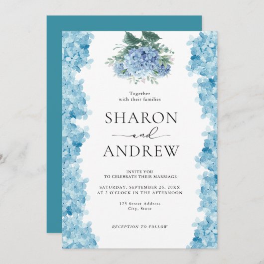Elegant Blue Hydrangea Watercolor Einladung (Vorne/Hinten)