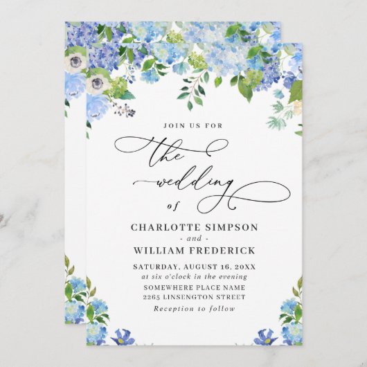 Elegant Blue Hydrangea Watercolor Grüne Hochzeit Einladung (Vorne/Hinten)