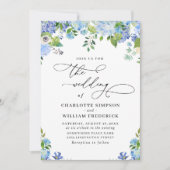 Elegant Blue Hydrangea Watercolor Grüne Hochzeit Einladung (Vorderseite)