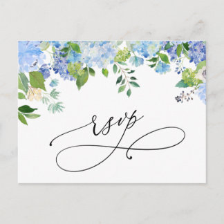Elegant Blue Hydrangea Watercolor Wedding RSVP Postkarte