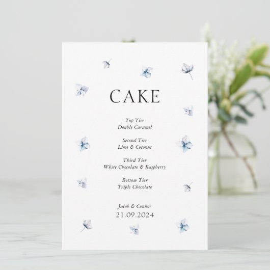 Elegant Blue Hydrangea Wedding Cake Sign Einladung (Stehend Vorderseite)