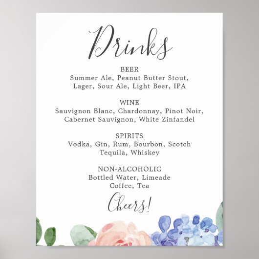 Elegant Blue Hydrangea Wedding Drinks Menü Signatu Poster (Vorne)