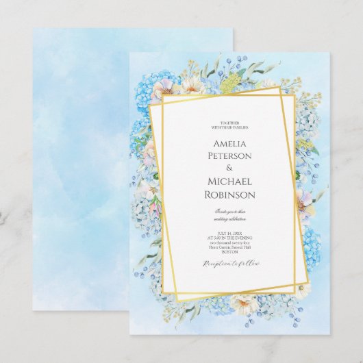 Elegant Blue Hydrangea Wedding Einladung (Vorne/Hinten)