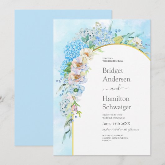 Elegant Blue Hydrangea Wedding Einladung (Vorne/Hinten)