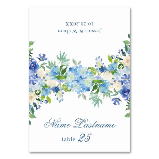 Elegant Blue Hydrangea Wedding Escort Card Tischnummer (Vorderseite)