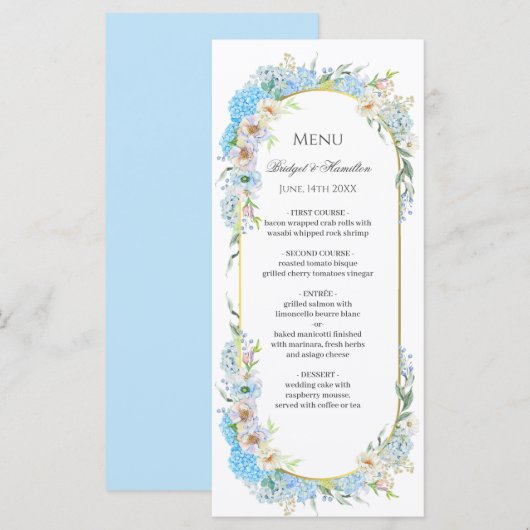 Elegant Blue Hydrangea Wedding Menükarte (Vorne/Hinten)