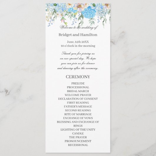 Elegant Blue Hydrangea Wedding Programm (Vorderseite)