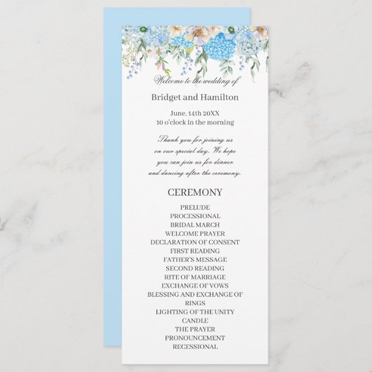 Elegant Blue Hydrangea Wedding Programm (Vorne/Hinten)