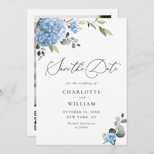 Elegant Blue Hydrangea Wedding QR Code Foto Save The Date (Vorne/Hinten)