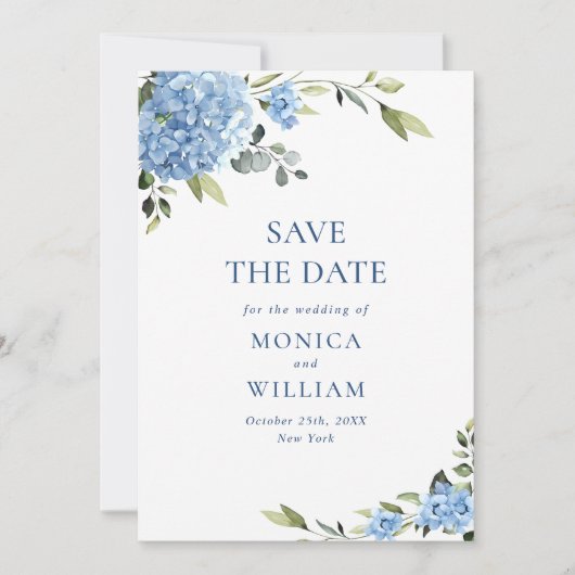 Elegant Blue Hydrangea Wedding QR Code Foto Save The Date (Vorderseite)