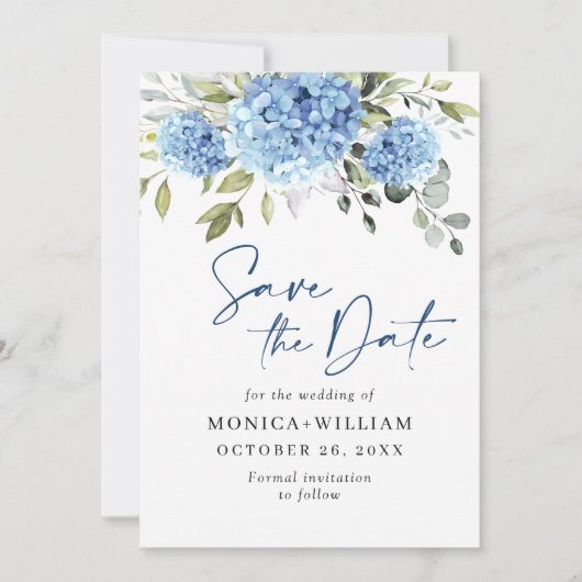 Elegant Blue Hydrangea Wedding QR Code Foto Save The Date (Vorderseite)