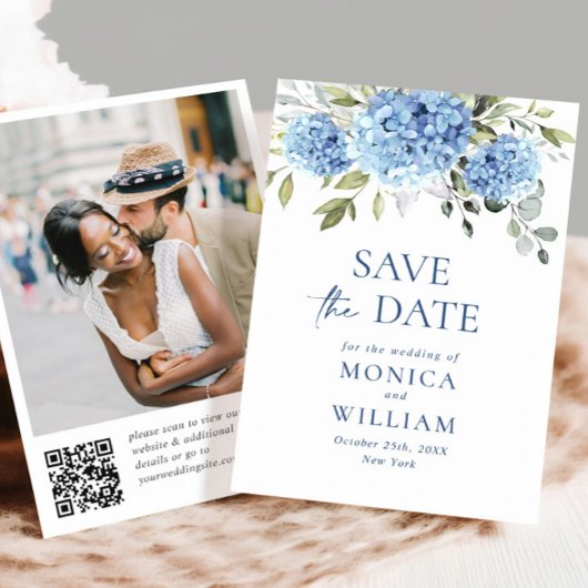 Elegant Blue Hydrangea Wedding QR Code Foto Save The Date