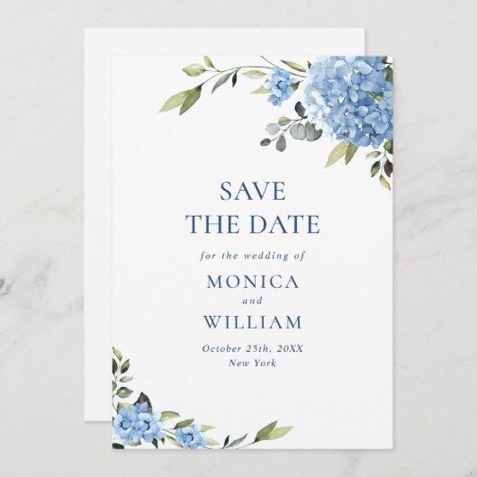 Elegant Blue Hydrangea Wedding QR Code Foto Save The Date (Vorne/Hinten)