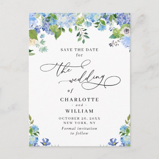 Elegant Blue Hydrangea Wedding QR Save the Date Postkarte (Vorderseite)