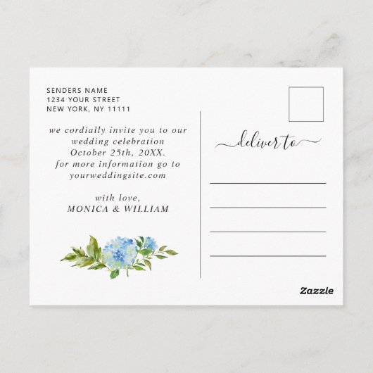 Elegant Blue Hydrangea Wedding rettet das Datum Postkarte (Rückseite)