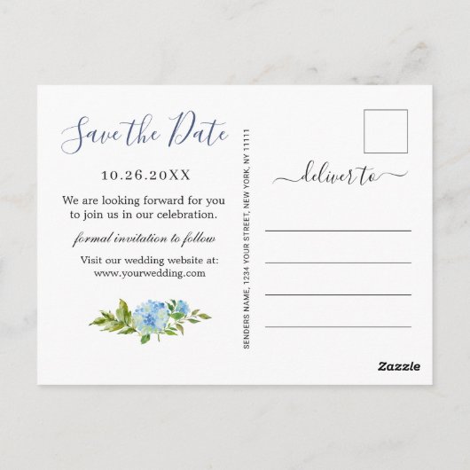 Elegant Blue Hydrangea Wedding rettet das Datum Postkarte (Rückseite)