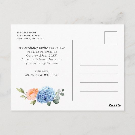 Elegant Blue Hydrangea Wedding Save the Date Postkarte (Rückseite)