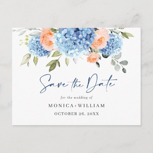 Elegant Blue Hydrangea Wedding Save the Date Postkarte (Vorderseite)