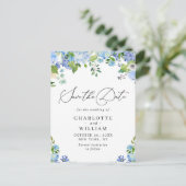 Elegant Blue Hydrangea Wedding Save the Date Postkarte (Stehend Vorderseite)