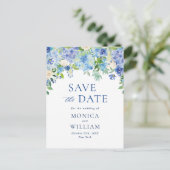 Elegant Blue Hydrangea Wedding Save the Date Postkarte (Stehend Vorderseite)