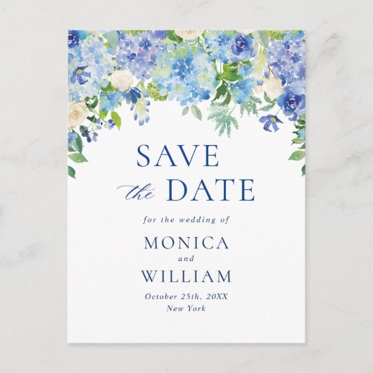 Elegant Blue Hydrangea Wedding Save the Date Postkarte (Vorderseite)