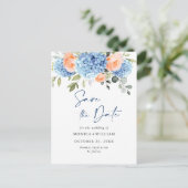 Elegant Blue Hydrangea Wedding Save the Date Postkarte (Stehend Vorderseite)