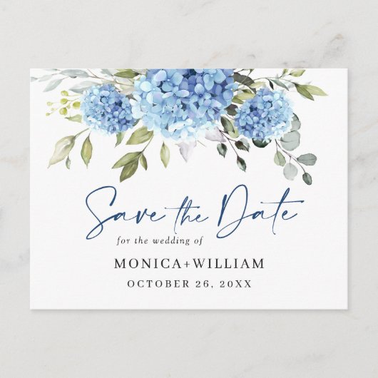Elegant Blue Hydrangea Wedding Save the Date Postkarte (Vorderseite)