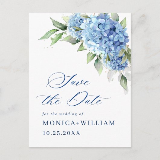 Elegant Blue Hydrangea Wedding Save the Date Postkarte (Vorderseite)