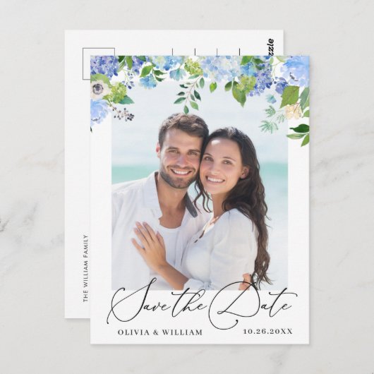 Elegant Blue Hydrangea Wedding Save the Date Postkarte (Vorne/Hinten)