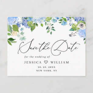Elegant Blue Hydrangea Wedding Save the Date Postkarte