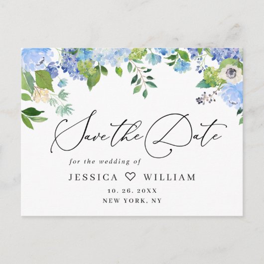 Elegant Blue Hydrangea Wedding Save the Date Postkarte (Vorderseite)