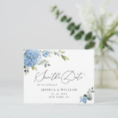 Elegant Blue Hydrangea Wedding Save the Date Postkarte (Stehend Vorderseite)