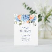 Elegant Blue Hydrangea Wedding Save the Date Postkarte (Stehend Vorderseite)