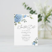 Elegant Blue Hydrangea Wedding Save the Date Postkarte (Stehend Vorderseite)