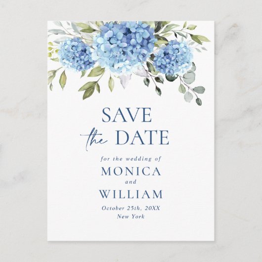 Elegant Blue Hydrangea Wedding Save the Date Postkarte (Vorderseite)