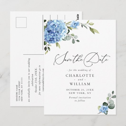 Elegant Blue Hydrangea Wedding Save the Date Postkarte (Vorne/Hinten)