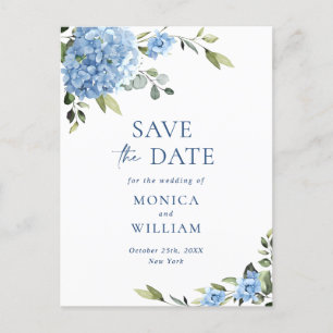 Elegant Blue Hydrangea Wedding Save the Date Postkarte