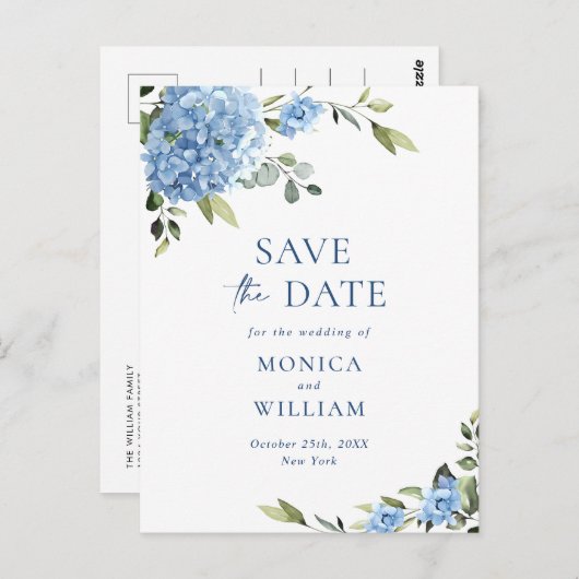 Elegant Blue Hydrangea Wedding Save the Date Postkarte (Vorne/Hinten)