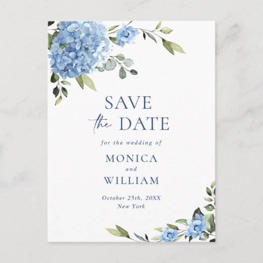 Elegant Blue Hydrangea Wedding Save the Date Postkarte (Vorderseite)