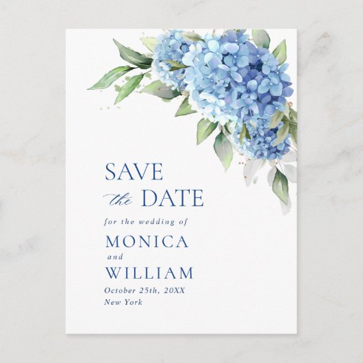 Elegant Blue Hydrangea Wedding Save the Date Postkarte (Vorderseite)