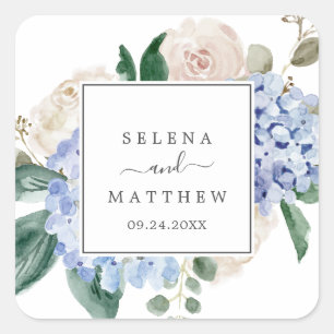 Elegant Blue Hydrangea Wedding Umschlag Aufklebers Quadratischer Aufkleber