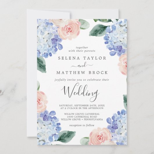 Elegant Blue Hydrangea | Weiße Hochzeit Einladung (Vorderseite)