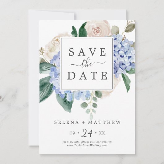 Elegant Blue Hydrangea | Weiße Save the Date Karte (Vorderseite)