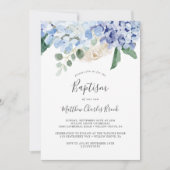 Elegant Blue Hydrangea | Weiße Taufe Einladung (Vorderseite)